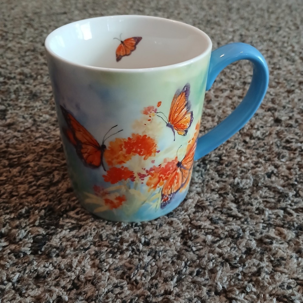 LANG Majestic Monarch Butterfly Coffee Tea Mug Cup Flower 14 oz Blue Orange